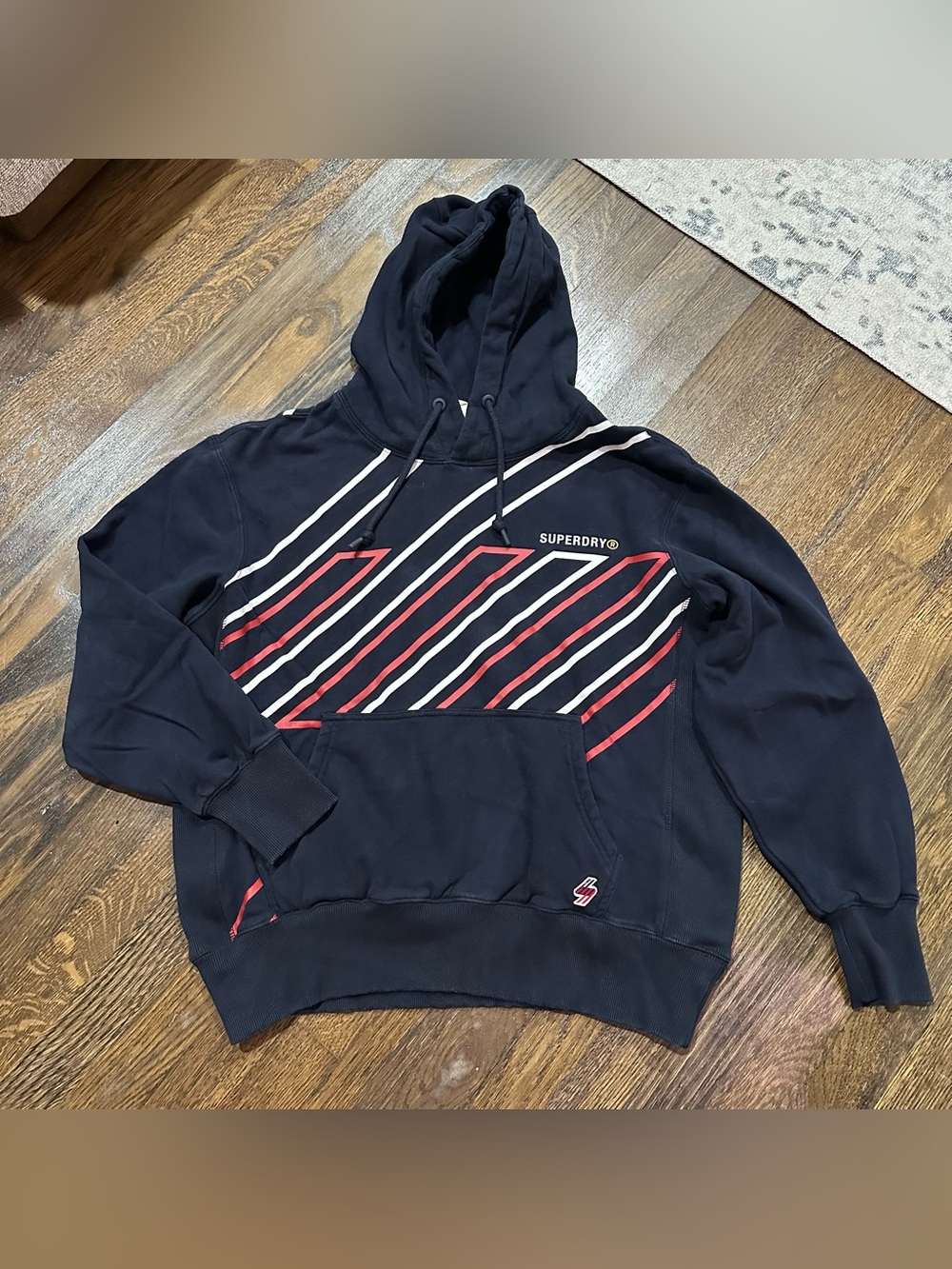 Superdry Navy Hoodie with Red & White Diagonal Stripe Panel